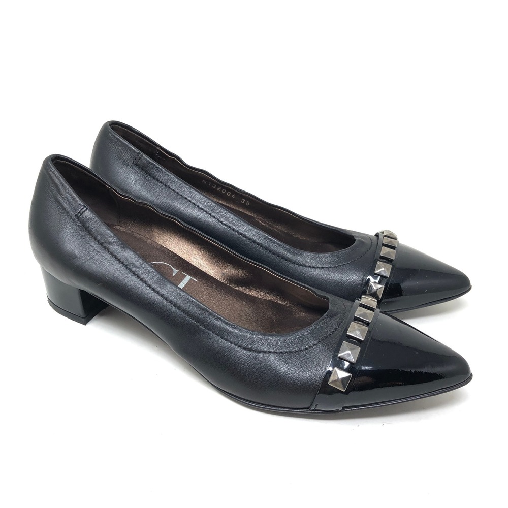 AGL Womens 38 Pumps Black Leather Patent Cap Toe Studded Point Toe Heel